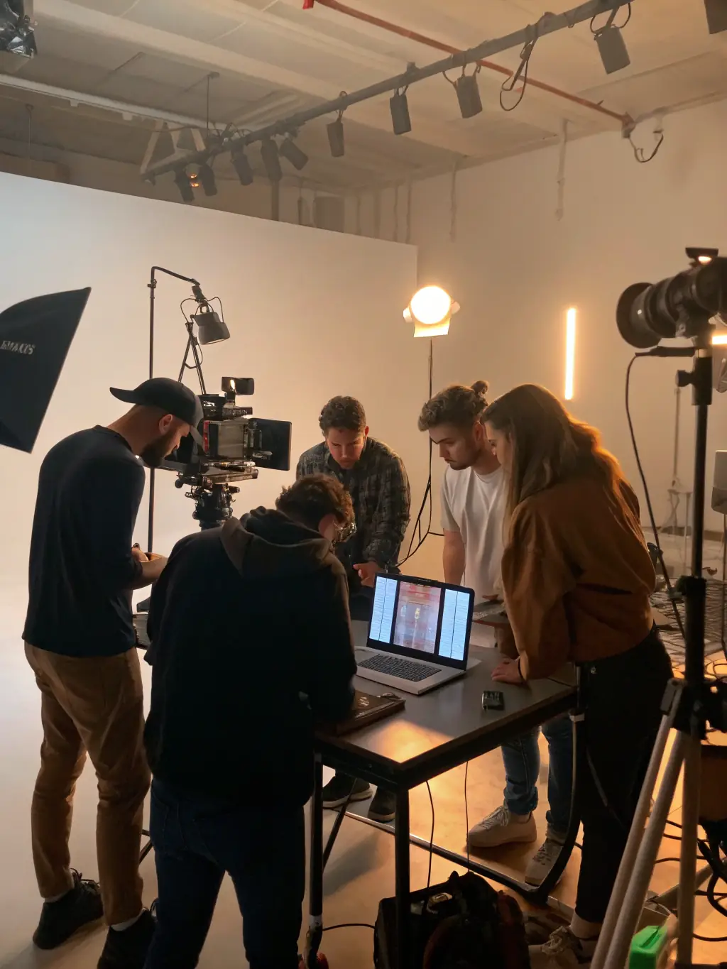 A vibrant and engaging video production scene, showing a diverse team filming content in a modern studio, highlighting the creativity and collaborative spirit of content creation.
